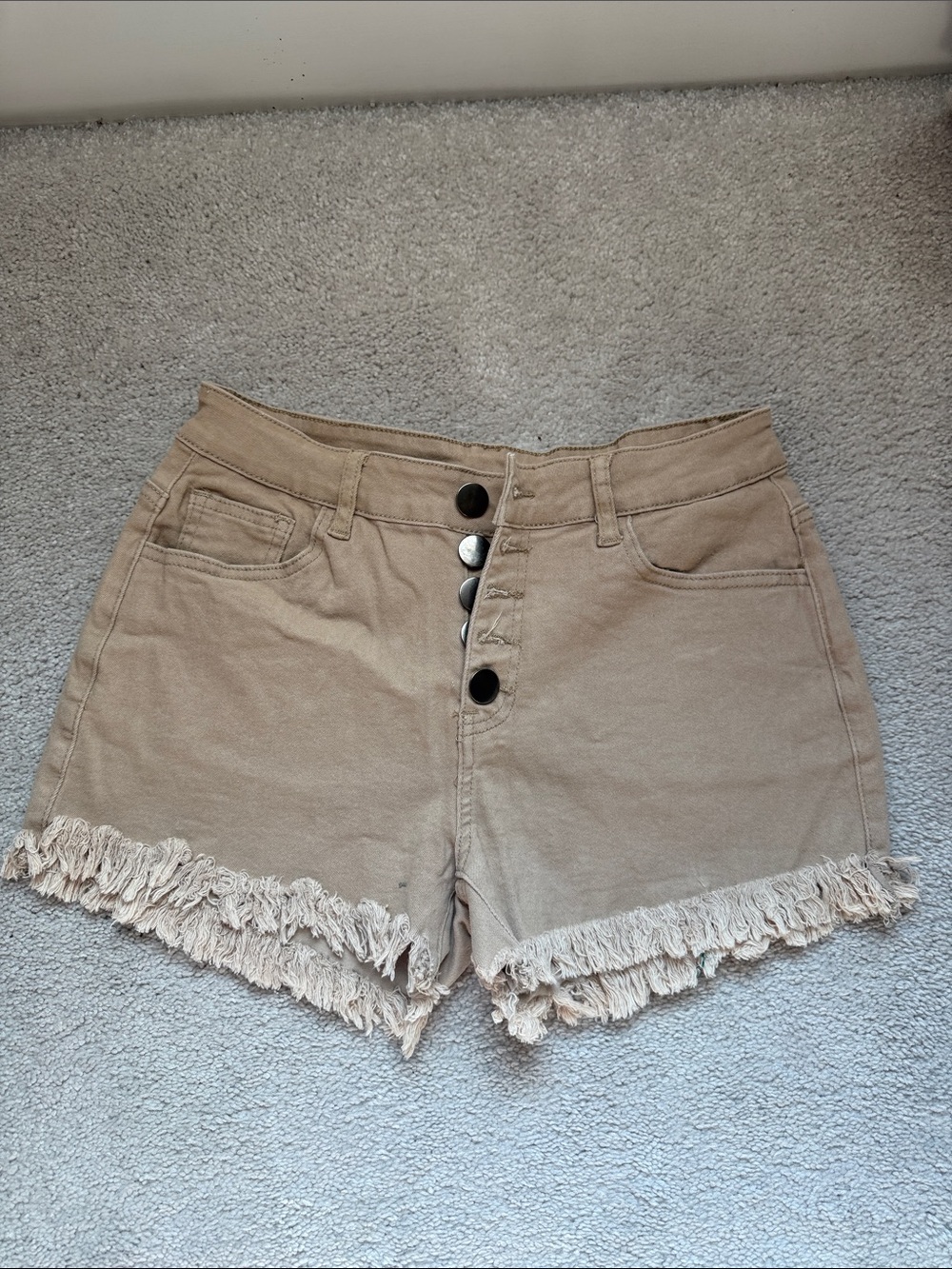 High-Rise Fringe Hem Women’s Shorts in Beige